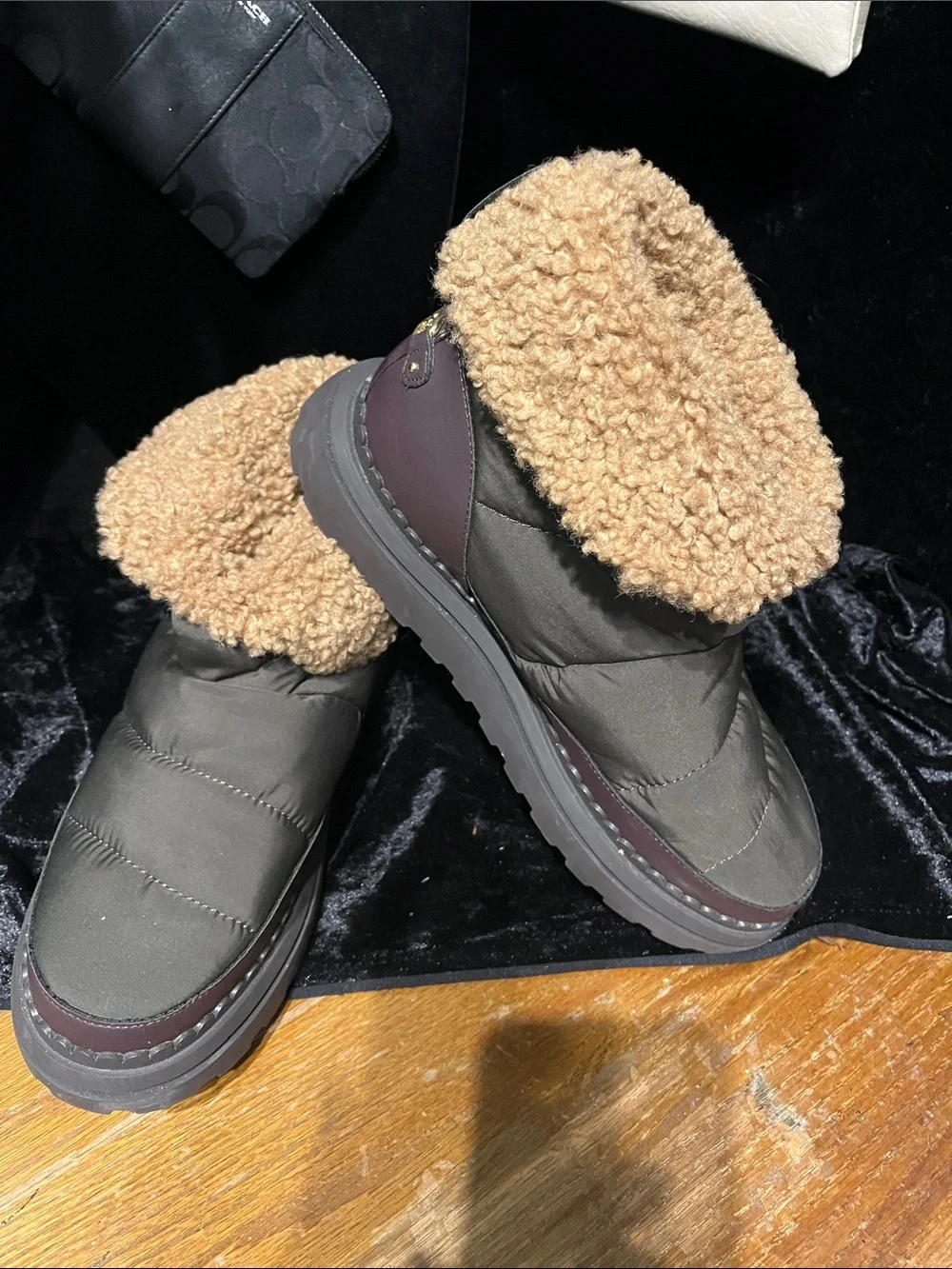 Sam Edelman Olive Green Winter Ankle Boots with Tan Shearling Collar